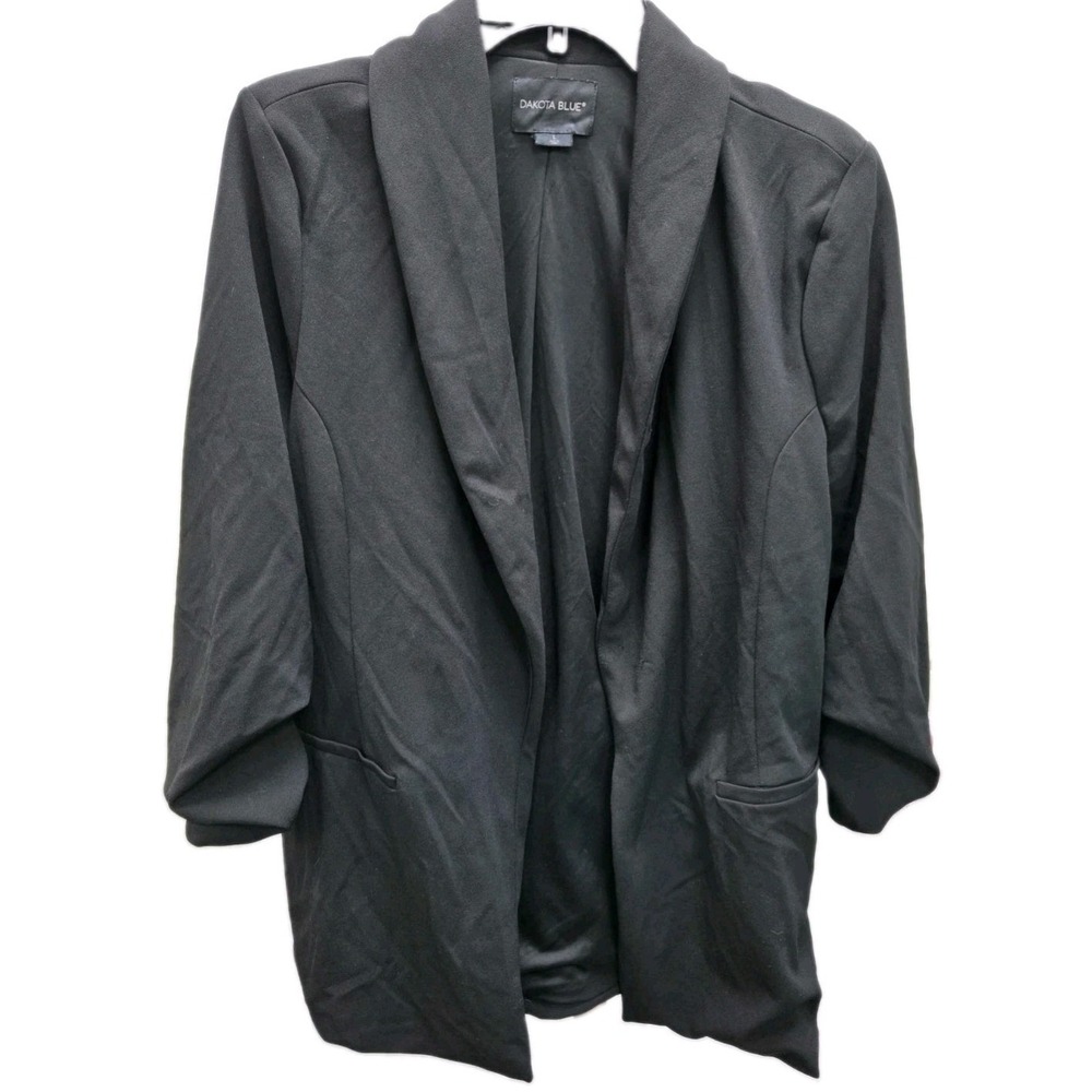 Dakota Blue Black Ruched 3/4 Sleeve Shawl Collar Open Front Blazer Jacket Large
